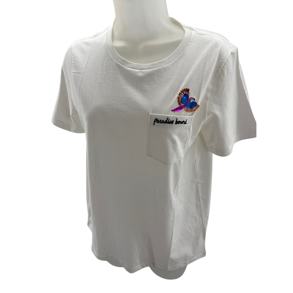 Kate Spade White Paradise Bound Sequin Parrot Pocket Tee Shirt Small NEW